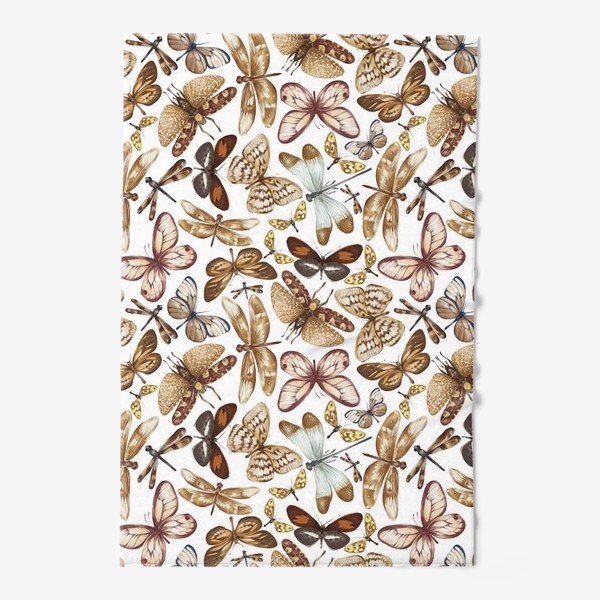 Полотенце «Акварельный нарисованный вручную бесшовный фон с яркими иллюстрациями экзотических бабочек, стрекоз»