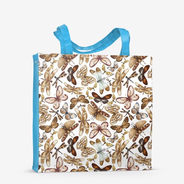 Сумка-шоппер &laquo;Акварельный нарисованный вручную бесшовный фон с яркими иллюстрациями экзотических бабочек, стрекоз&raquo;