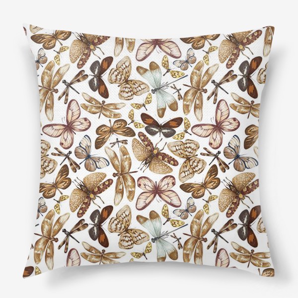 Подушка «Акварельный нарисованный вручную бесшовный фон с яркими иллюстрациями экзотических бабочек, стрекоз»