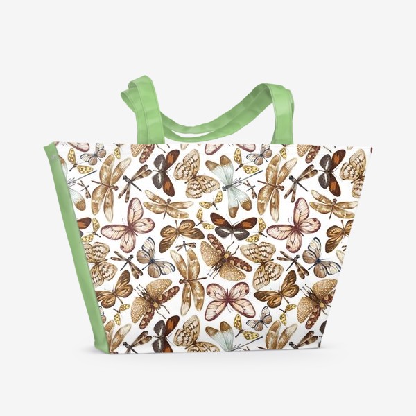Пляжная сумка &laquo;Акварельный нарисованный вручную бесшовный фон с яркими иллюстрациями экзотических бабочек, стрекоз&raquo;