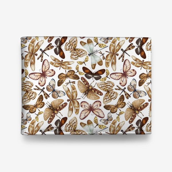 Кошелек «Акварельный нарисованный вручную бесшовный фон с яркими иллюстрациями экзотических бабочек, стрекоз»