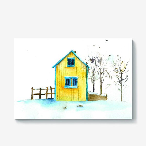 Холст «Жёлтый дачный домик на фоне голубого снега»