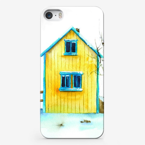 Чехол iPhone «Жёлтый дачный домик на фоне голубого снега»