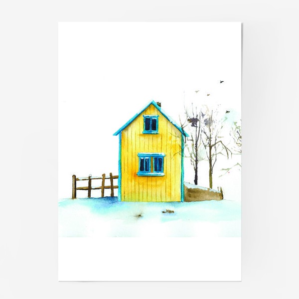 Постер &laquo;Жёлтый дачный домик на фоне голубого снега&raquo;