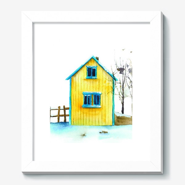 Картина «Жёлтый дачный домик на фоне голубого снега»