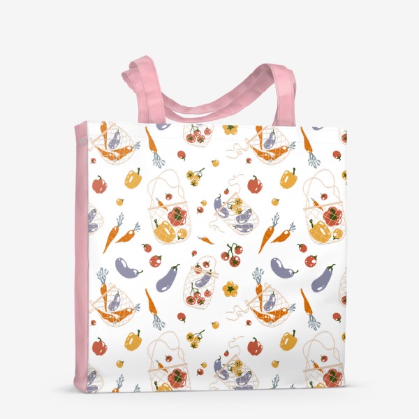 Сумка-шоппер &laquo;Акварельный нарисованный вручную бесшовный фон с яркими иллюстрациями овощей в эко сумках. Сетчатые мешки, магазин, еда&raquo;