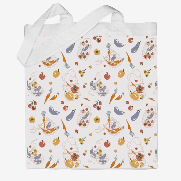 Сумка хб &laquo;Акварельный нарисованный вручную бесшовный фон с яркими иллюстрациями овощей в эко сумках. Сетчатые мешки, магазин, еда&raquo;