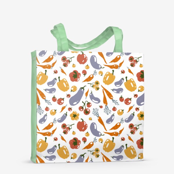 Сумка-шоппер «Акварельный нарисованный вручную бесшовный фон с яркими иллюстрациями различных овощей. Магазин, эко еда, вегетарианство»