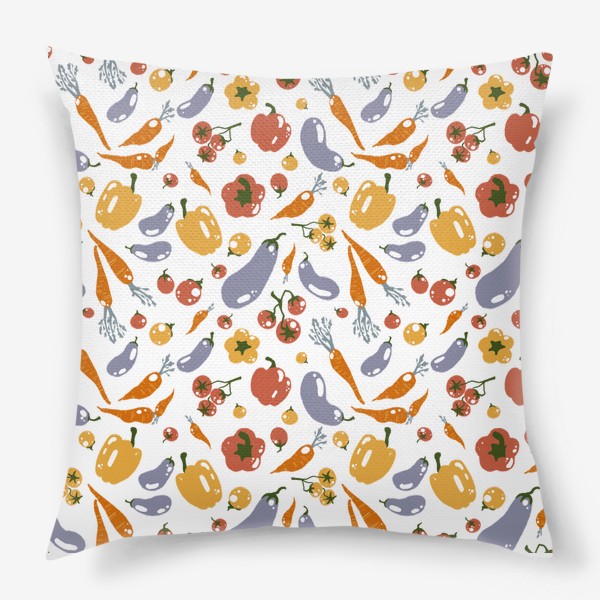 Подушка «Акварельный нарисованный вручную бесшовный фон с яркими иллюстрациями различных овощей. Магазин, эко еда, вегетарианство»