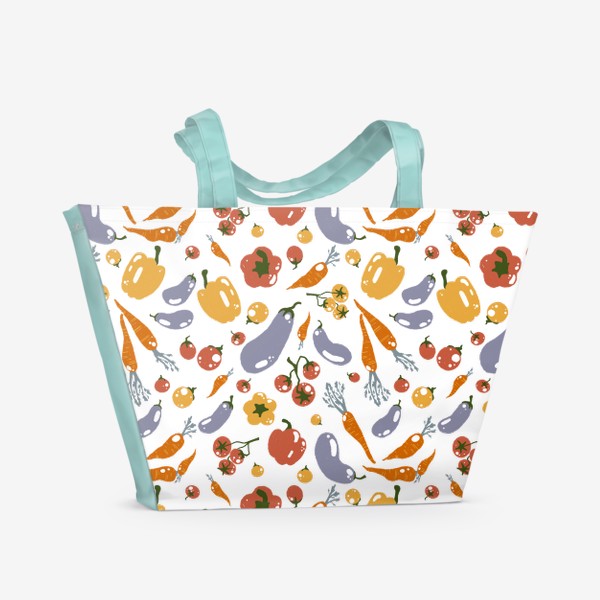 Пляжная сумка &laquo;Акварельный нарисованный вручную бесшовный фон с яркими иллюстрациями различных овощей. Магазин, эко еда, вегетарианство&raquo;