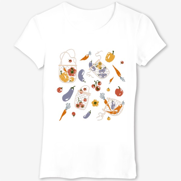 Футболка &laquo;Акварельная нарисованная вручную яркая иллюстрация с различными овощами в эко сумке. Магазин, еда, вегетарианство&raquo;