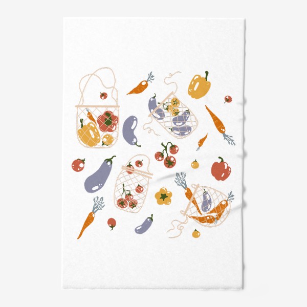 Полотенце «Акварельная нарисованная вручную яркая иллюстрация с различными овощами в эко сумке. Магазин, еда, вегетарианство»