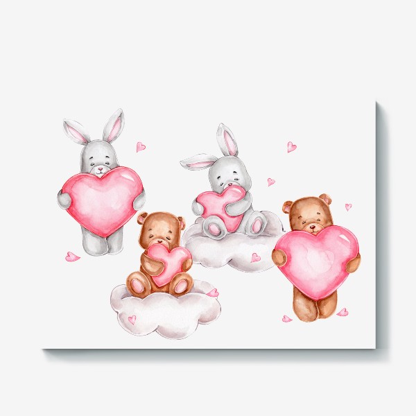 Холст «Зайчики и мишки с сердечками и на облаках. День всех влюбленных! 14 февраля»