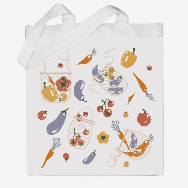 Сумка хб «Акварельная нарисованная вручную яркая иллюстрация с различными овощами в эко сумке. Магазин, еда, вегетарианство»