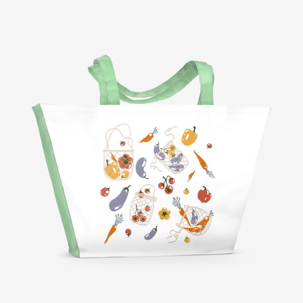 Пляжная сумка &laquo;Акварельная нарисованная вручную яркая иллюстрация с различными овощами в эко сумке. Магазин, еда, вегетарианство&raquo;