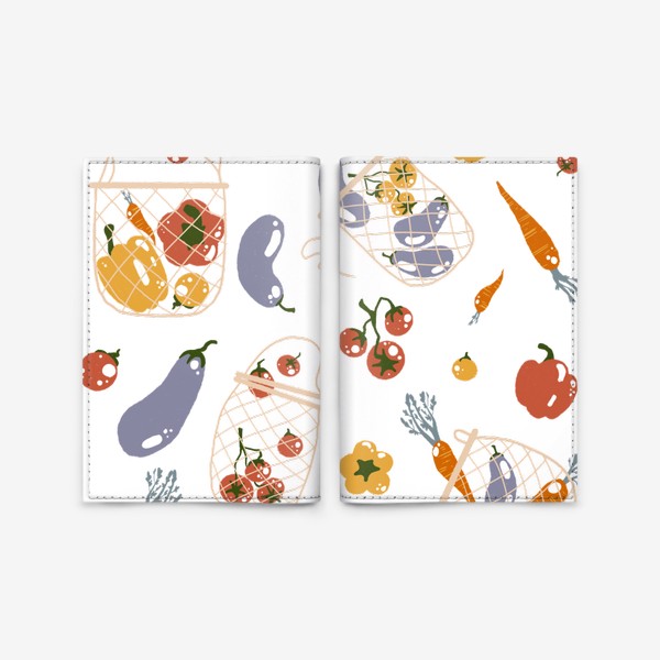 Обложка для паспорта &laquo;Акварельная нарисованная вручную яркая иллюстрация с различными овощами в эко сумке. Магазин, еда, вегетарианство&raquo;