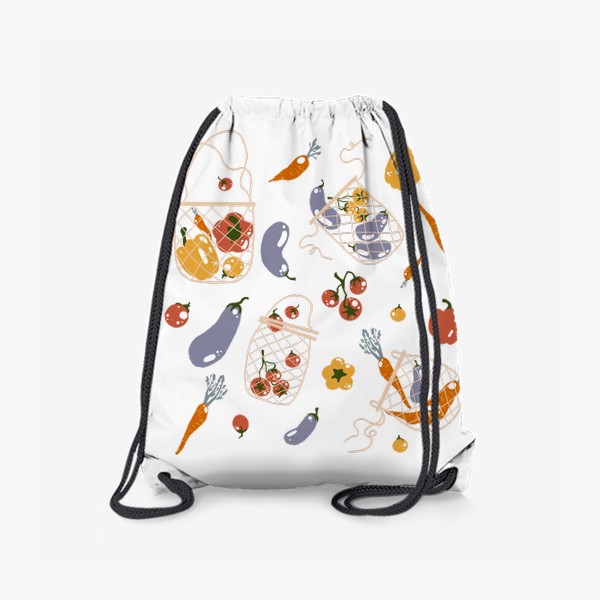 Рюкзак «Акварельная нарисованная вручную яркая иллюстрация с различными овощами в эко сумке. Магазин, еда, вегетарианство»