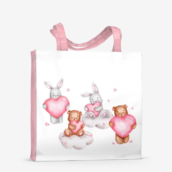 Сумка-шоппер &laquo;Зайчики и мишки с сердечками и на облаках. День всех влюбленных! 14 февраля&raquo;