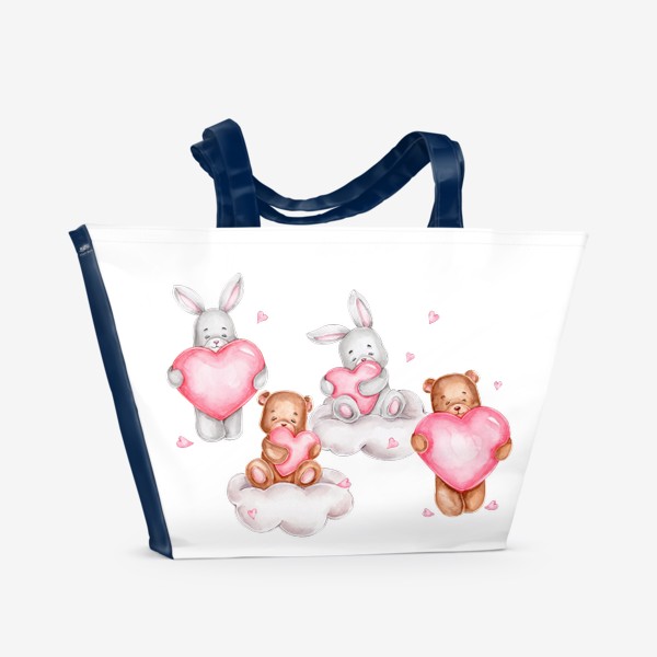 Пляжная сумка &laquo;Зайчики и мишки с сердечками и на облаках. День всех влюбленных! 14 февраля&raquo;