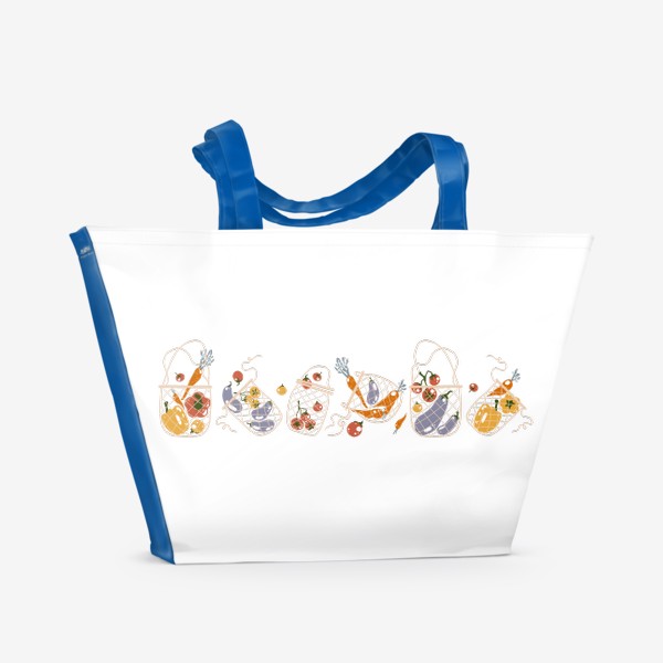 Пляжная сумка «Акварельная нарисованная вручную яркая иллюстрация с различными овощами в эко сумке. Магазин, еда, вегетарианство»