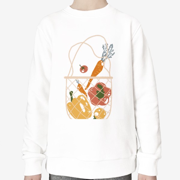Свитшот &laquo;Акварельная нарисованная вручную яркая иллюстрация с различными овощами в эко сумке. Магазин, еда, вегетарианство&raquo;