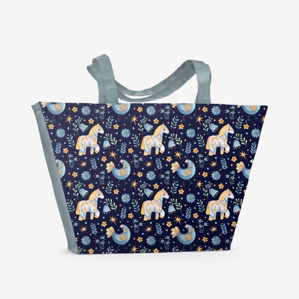 Пляжная сумка «Орнамент с птицами и лошадками»