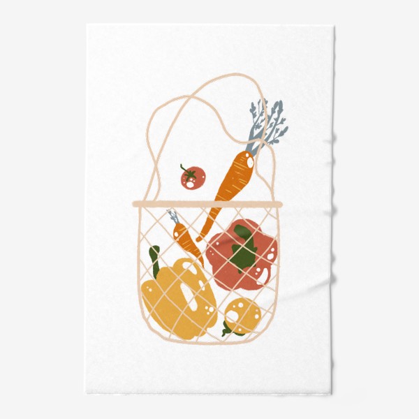 Полотенце &laquo;Акварельная нарисованная вручную яркая иллюстрация с различными овощами в эко сумке. Магазин, еда, вегетарианство&raquo;