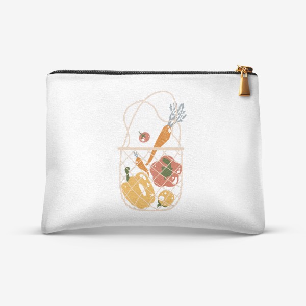 Косметичка &laquo;Акварельная нарисованная вручную яркая иллюстрация с различными овощами в эко сумке. Магазин, еда, вегетарианство&raquo;