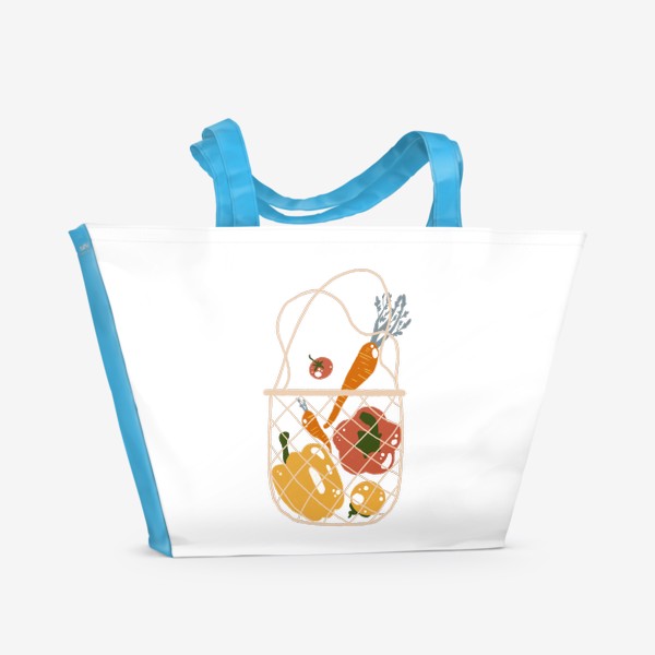 Пляжная сумка &laquo;Акварельная нарисованная вручную яркая иллюстрация с различными овощами в эко сумке. Магазин, еда, вегетарианство&raquo;