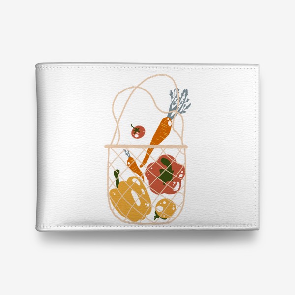 Кошелек «Акварельная нарисованная вручную яркая иллюстрация с различными овощами в эко сумке. Магазин, еда, вегетарианство»