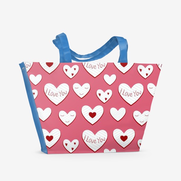 Пляжная сумка &laquo;Валентинки. Сердца из бумаги и надписи. Сердечки на розовом фоне. Романтический принт&raquo;