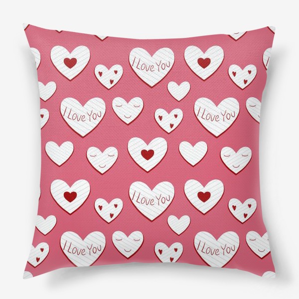 Подушка «Валентинки. Сердца из бумаги и надписи. Сердечки на розовом фоне. Романтический принт»