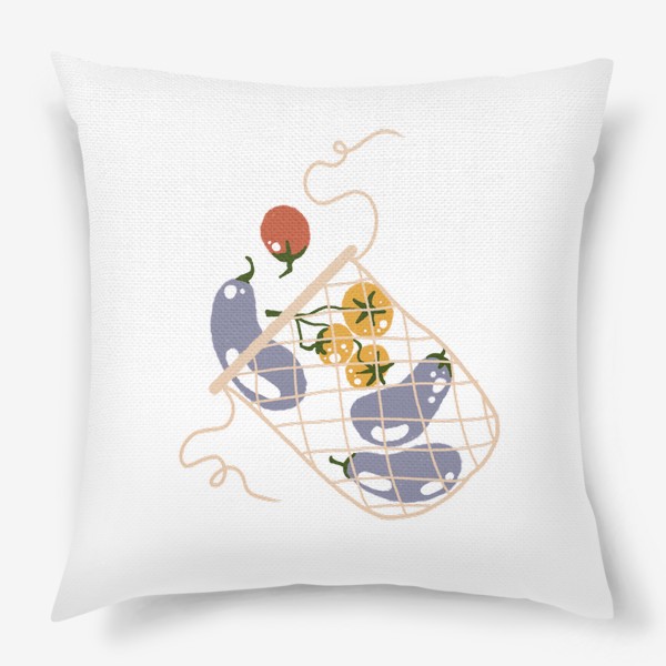 Подушка &laquo;Акварельная нарисованная вручную яркая иллюстрация с различными овощами в эко сумке. Магазин, еда, вегетарианство&raquo;