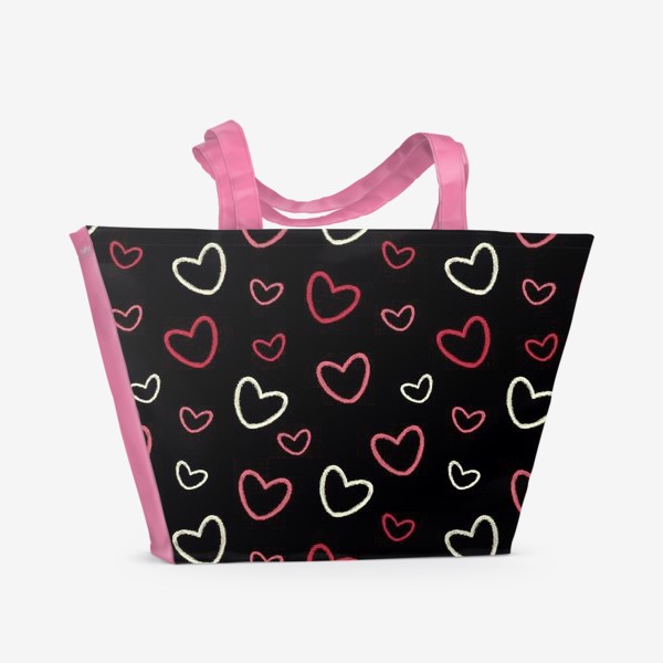 Пляжная сумка «Скетч Сердца на чёрном фоне. Сердечки или контуры сердец»