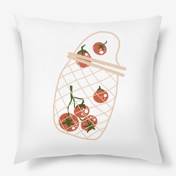 Подушка &laquo;Акварельная нарисованная вручную яркая иллюстрация с различными овощами в эко сумке. Магазин, еда, вегетарианство&raquo;