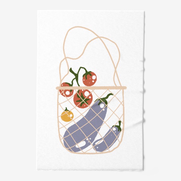 Полотенце &laquo;Акварельная нарисованная вручную яркая иллюстрация с различными овощами в эко сумке. Магазин, еда, вегетарианство&raquo;