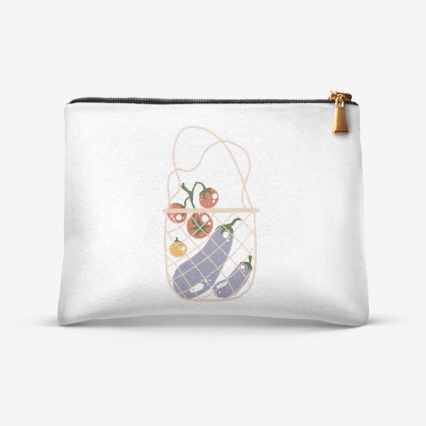 Косметичка &laquo;Акварельная нарисованная вручную яркая иллюстрация с различными овощами в эко сумке. Магазин, еда, вегетарианство&raquo;