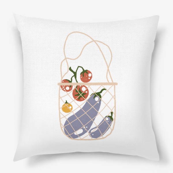 Подушка «Акварельная нарисованная вручную яркая иллюстрация с различными овощами в эко сумке. Магазин, еда, вегетарианство»