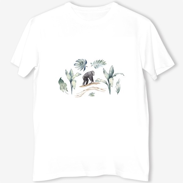 Футболка &laquo;Акварельная нарисованная вручную яркая иллюстрация с тропическими листьями, шимпанзе. Животное Африки экзотика, растения&raquo;
