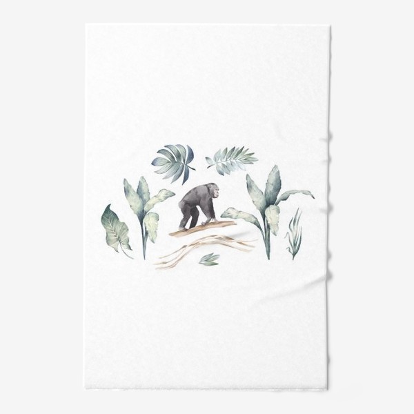 Полотенце &laquo;Акварельная нарисованная вручную яркая иллюстрация с тропическими листьями, шимпанзе. Животное Африки экзотика, растения&raquo;
