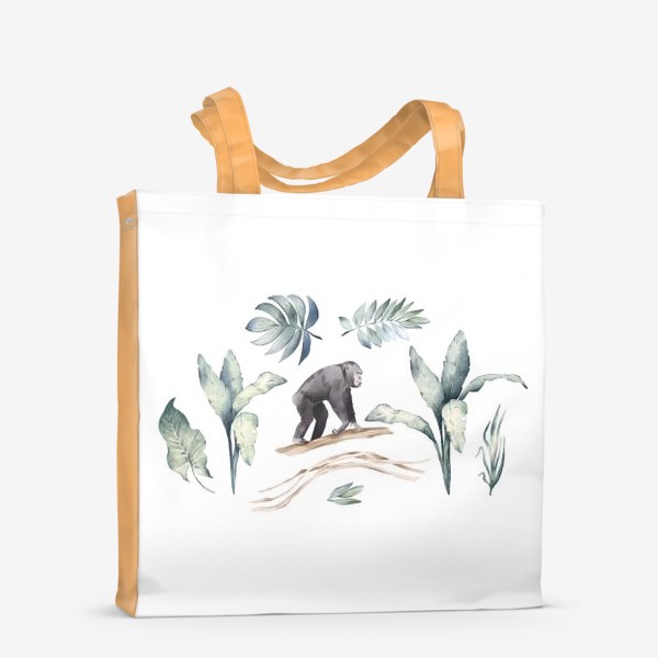 Сумка-шоппер &laquo;Акварельная нарисованная вручную яркая иллюстрация с тропическими листьями, шимпанзе. Животное Африки экзотика, растения&raquo;