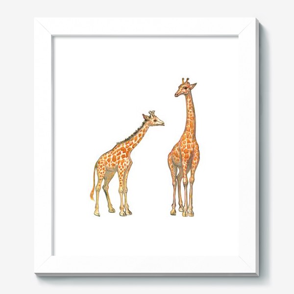 Картина &laquo;Акварельная нарисованная вручную яркая иллюстрация с жирафами в Африке. Животные пустыни, мама и малыш, пастель&raquo;