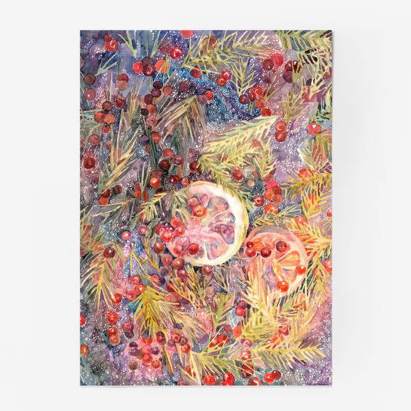 Постер &laquo;Акварельная нарисованная вручную яркая иллюстрация. Лимон, еловые ветки, красные ягоды, лесной чай&raquo;