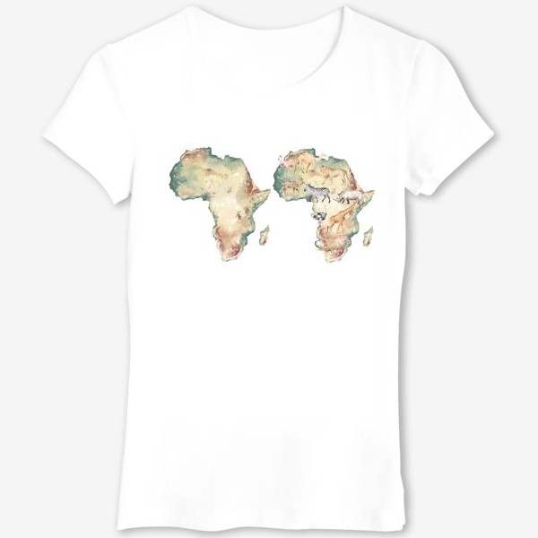 Футболка &laquo;Акварельная нарисованная вручную яркая иллюстрация с континентом и животными Африки. Карта с животными&raquo;
