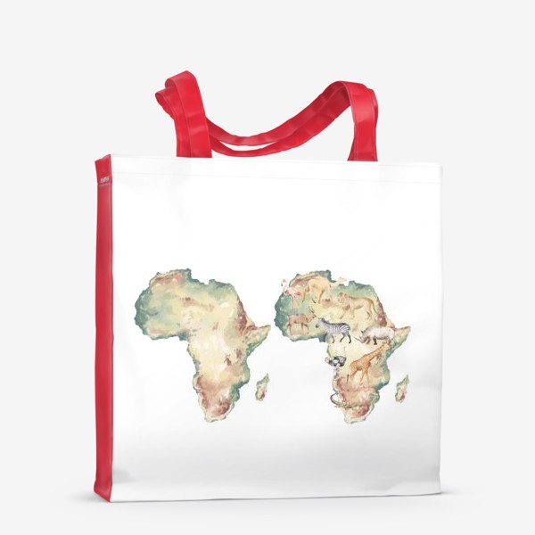 Сумка-шоппер «Акварельная нарисованная вручную яркая иллюстрация с континентом и животными Африки. Карта с животными»