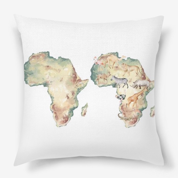 Подушка &laquo;Акварельная нарисованная вручную яркая иллюстрация с континентом и животными Африки. Карта с животными&raquo;