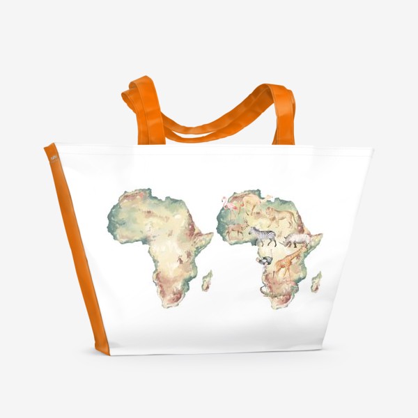 Пляжная сумка &laquo;Акварельная нарисованная вручную яркая иллюстрация с континентом и животными Африки. Карта с животными&raquo;