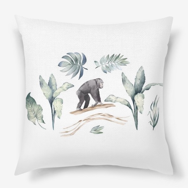 Подушка «Акварельная нарисованная вручную яркая иллюстрация с тропическими листьями, шимпанзе. Животное Африки экзотика, растения»