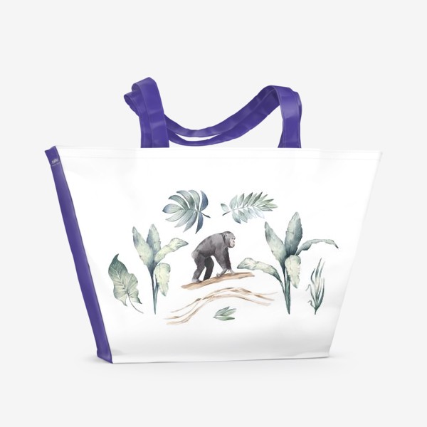Пляжная сумка &laquo;Акварельная нарисованная вручную яркая иллюстрация с тропическими листьями, шимпанзе. Животное Африки экзотика, растения&raquo;