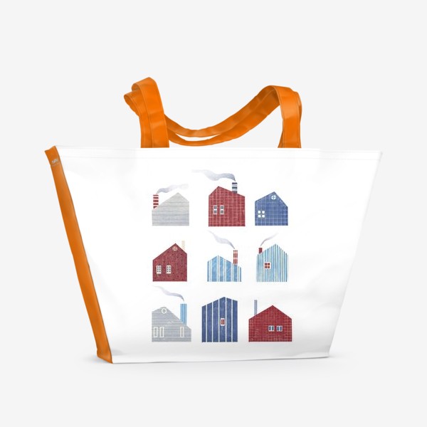 Пляжная сумка «Акварельная нарисованная вручную яркая иллюстрация с скандинавскими стильными милыми домиками. Дым из труб»